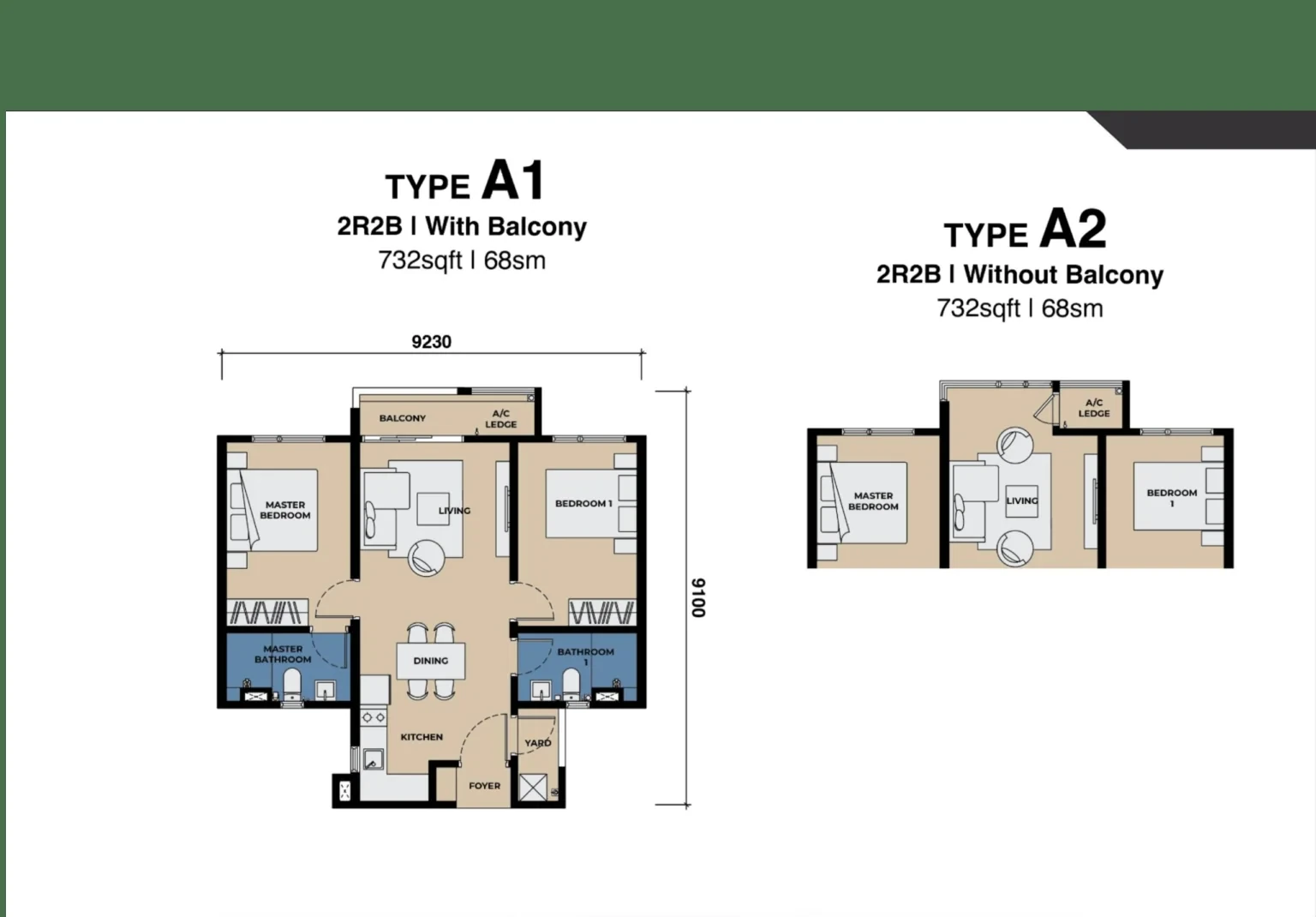 Floor plan of Type A, 732 sq ft