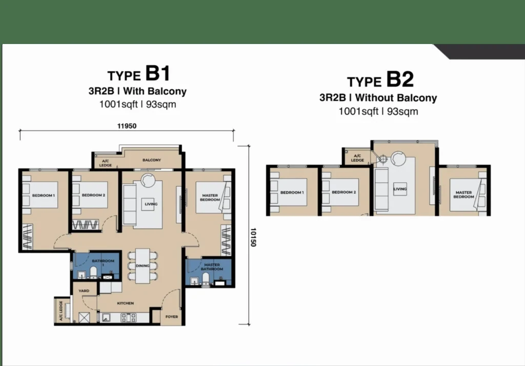 Floor plan of Type B, 1,001 sq ft