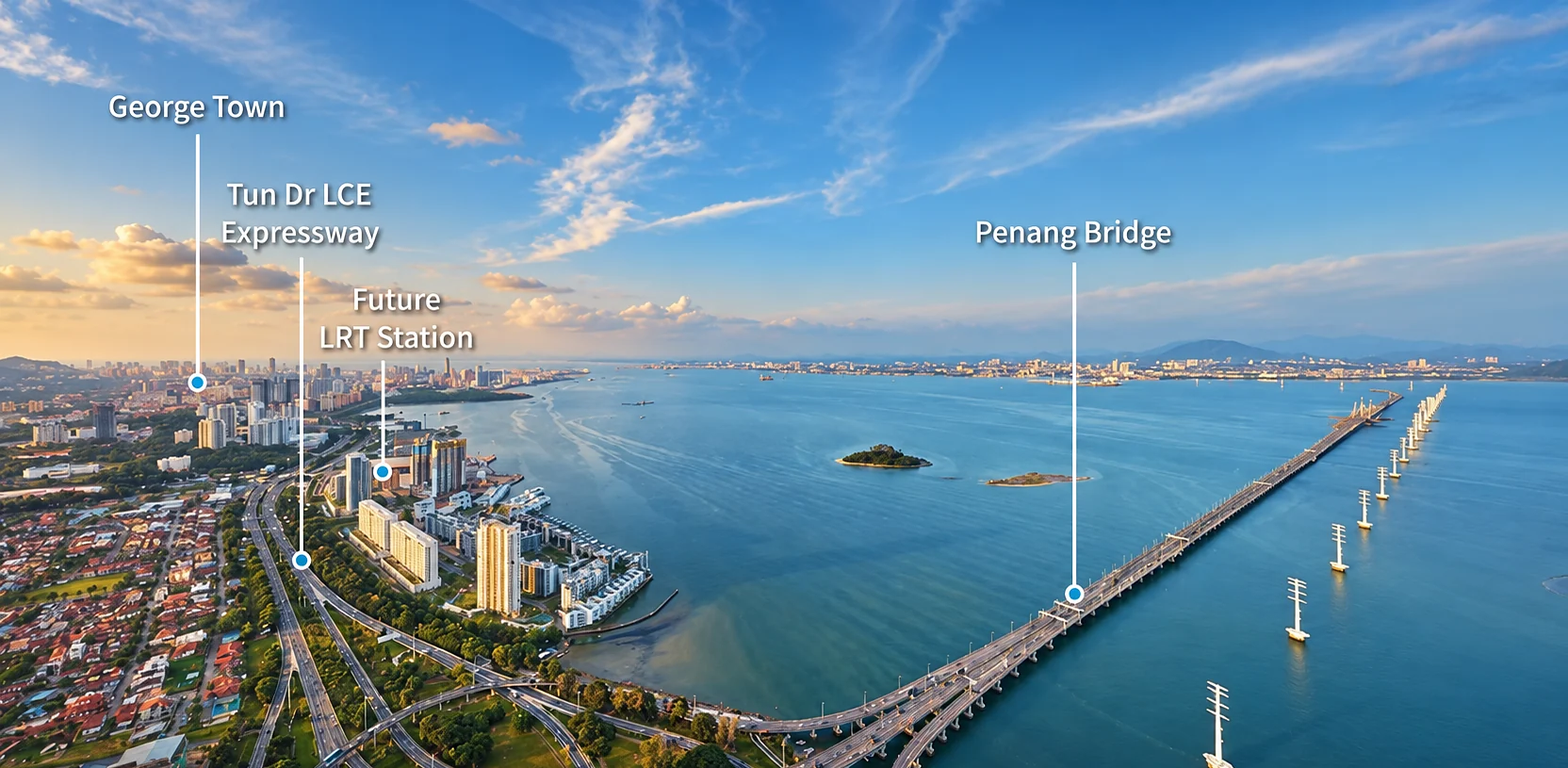Aerial view along the Gelugor coast marking George Town, the Tun Dr Lim Chong Eu Expressway, the future LRT station and the Penang Bridge