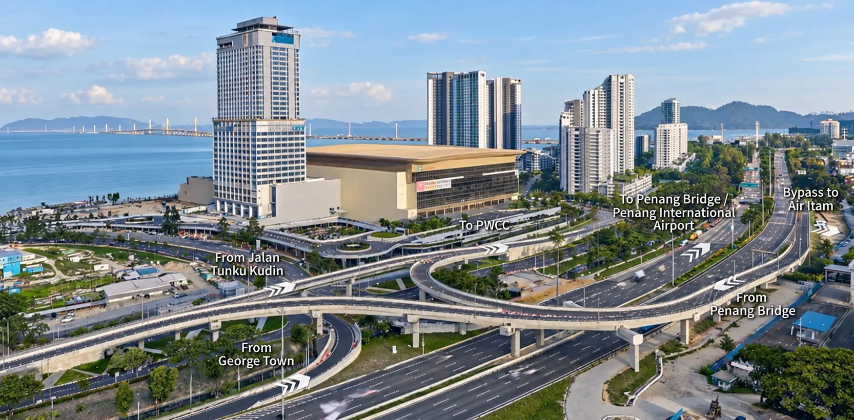 The expressway interchange beside the seafront with routes to George Town, the convention centre, the Penang Bridge, the airport and the Air Itam bypass