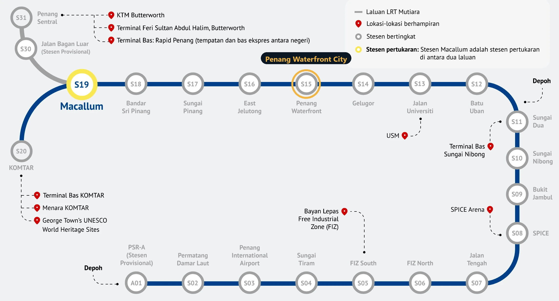 Map of the planned Mutiara Line, S01 to S31, with S15 Penang Waterfront ringed between East Jelutong and Gelugor