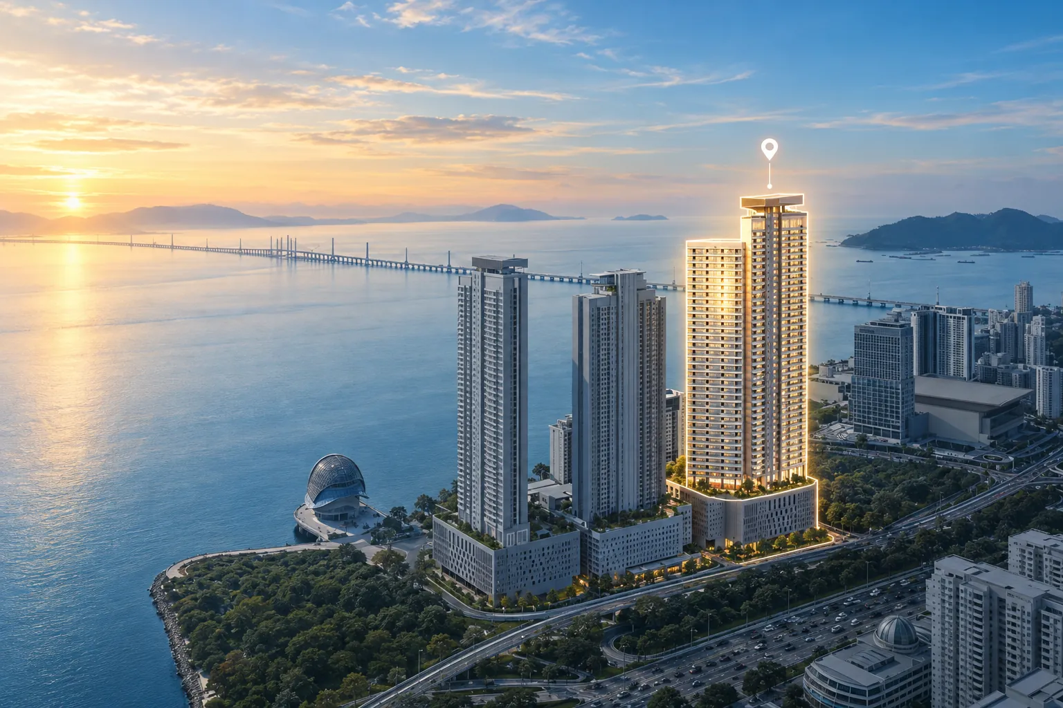 Illustration of the Gelugor seafront with the Phase 2 tower lit beside the Penang Bridge