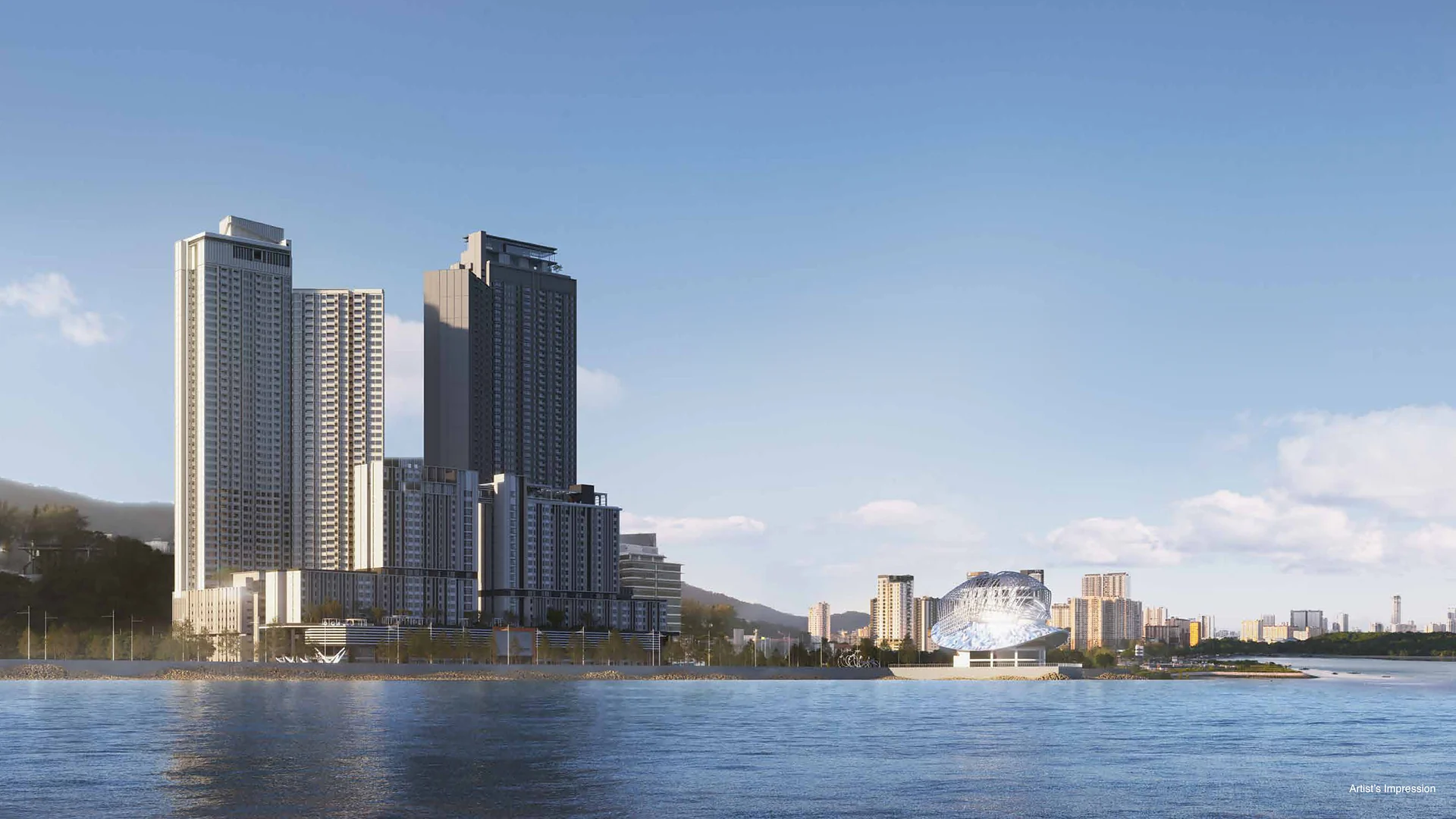 Artist's impression of the Gelugor seafront towers from the water